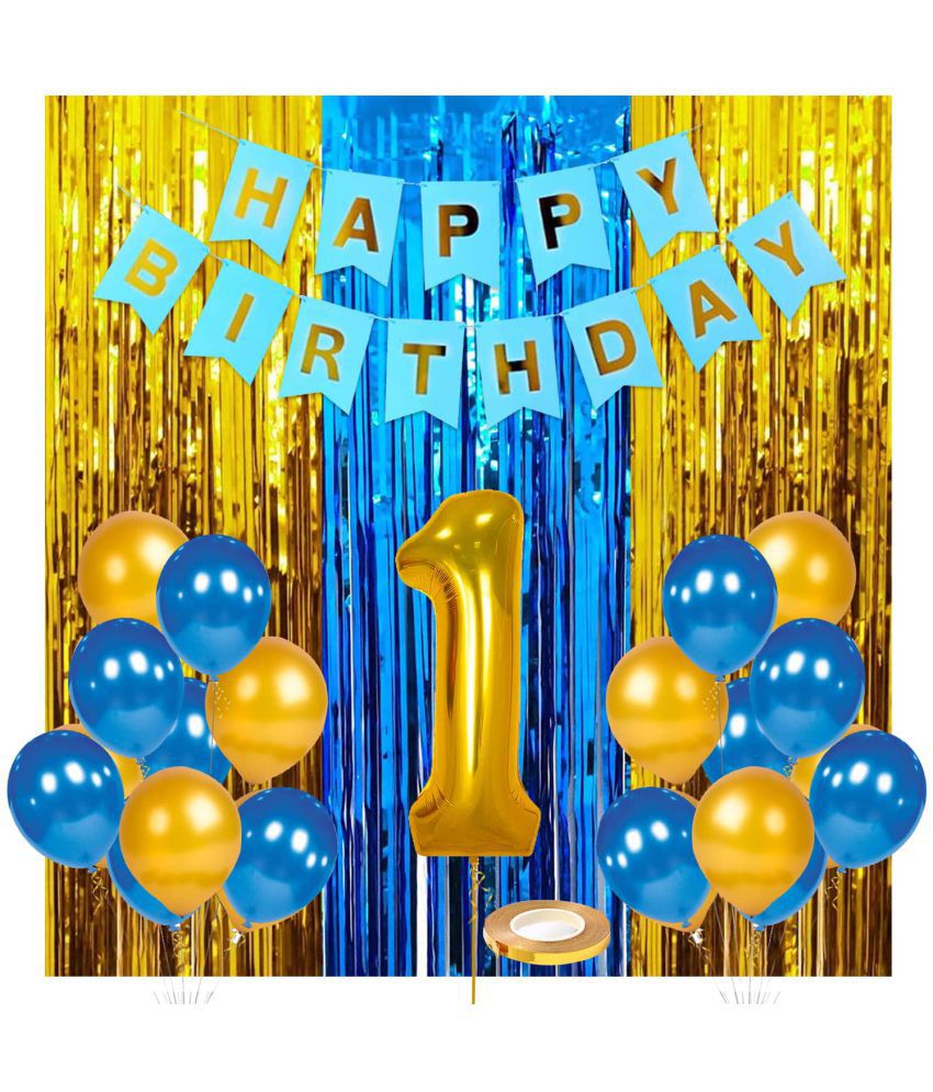     			Zyozi Birthday Decoration kit for 1st Birthday Boys- 36Pcs with Foil Curtain / Bday Supplies Items with Blue HBD Bunting, Number Foil Baloons/1st Birth Day Props for Kids, Baby/Newborn Gifts Set