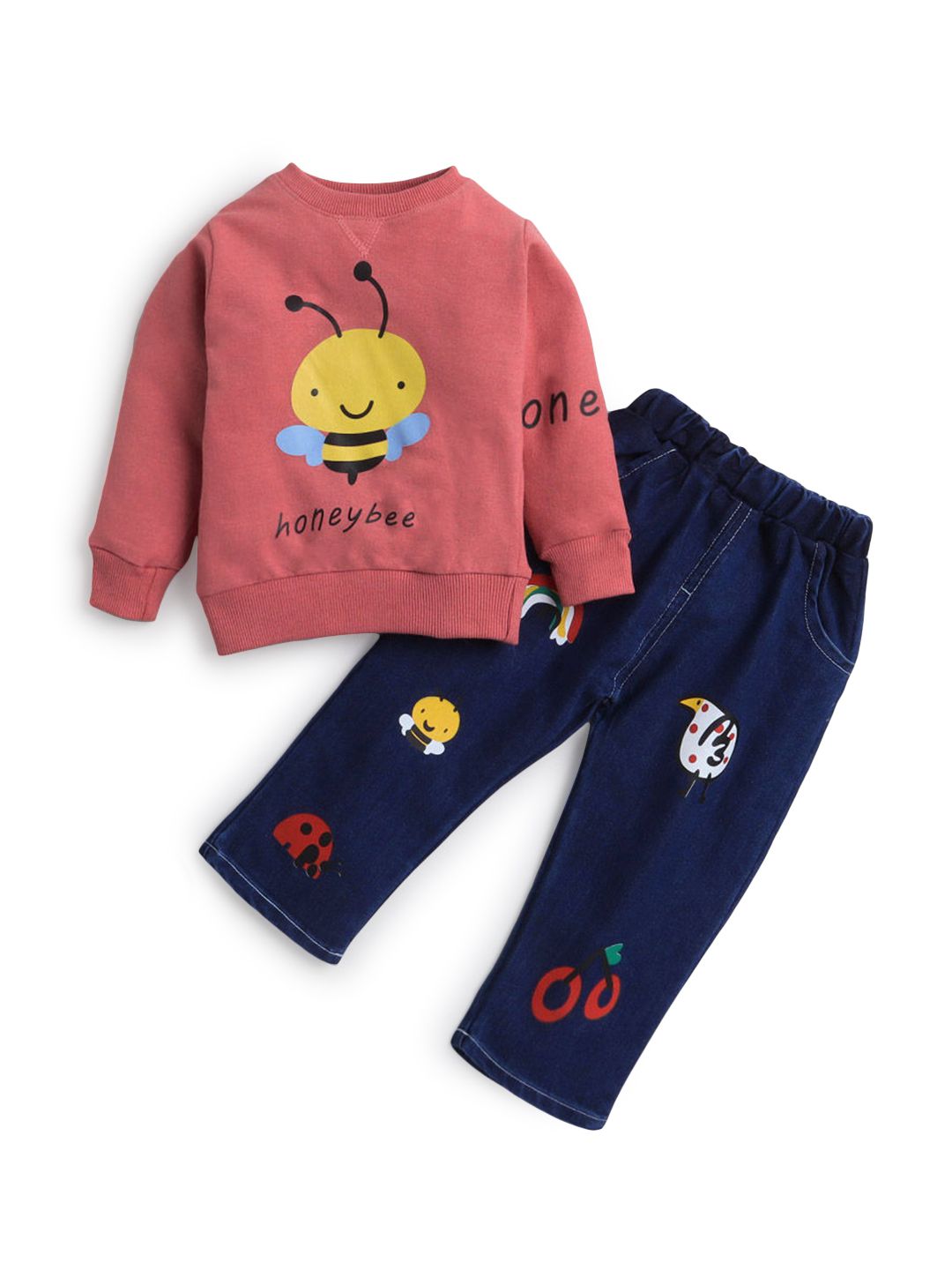 Hopscotch Boys Cotton And Spandex Full Sleeves Animal Printed Sweatshirt And Jeans Set in Red Color For Ages 3-4 Years (YAH-3239991)
