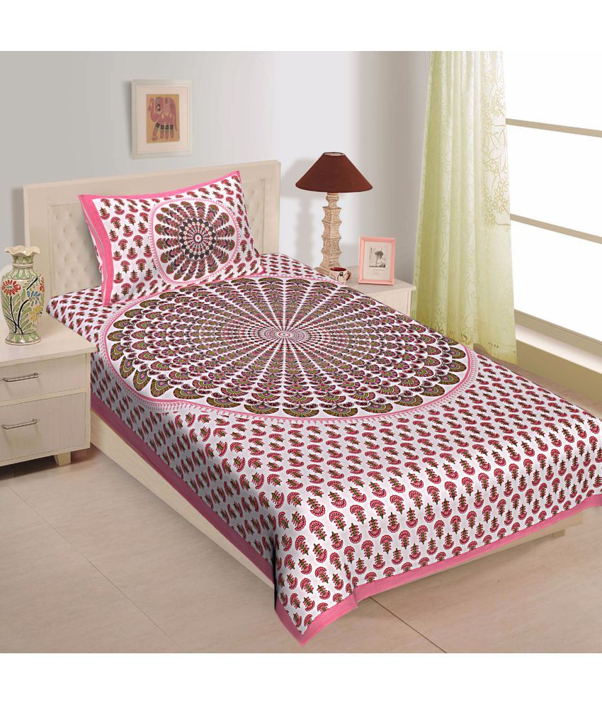     			Uniqchoice Cotton Floral Single Bedsheet with 1 Pillow Cover- Pink