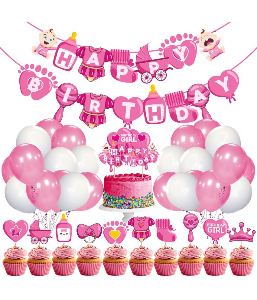     			Zyozi Baby Girl Birthday Decoration kit Included Happy Birthday Banner , Cake Topper, Cup Cake Topper and Balloon for Girls Happy Birthday Party Decorations Supplies (Pack Of 37)