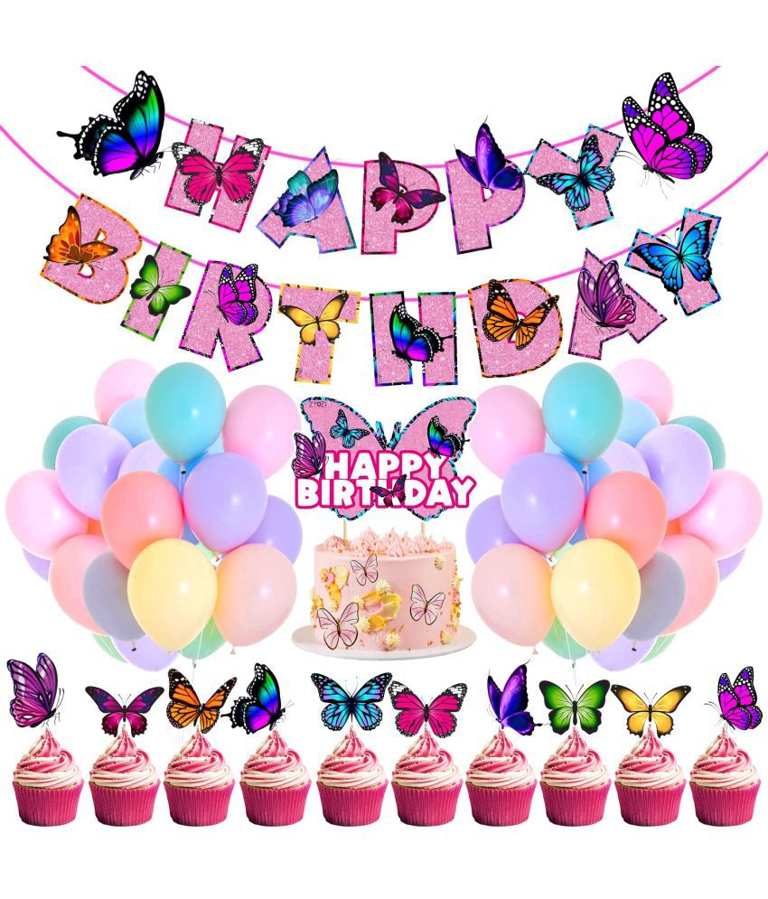     			Zyozi Butterfly Party Decoration Set Butterflies Theme Backdrop Happy Birthday Banner Kit Birthday Deocration Party Supplies for Kids (Pack of 37)