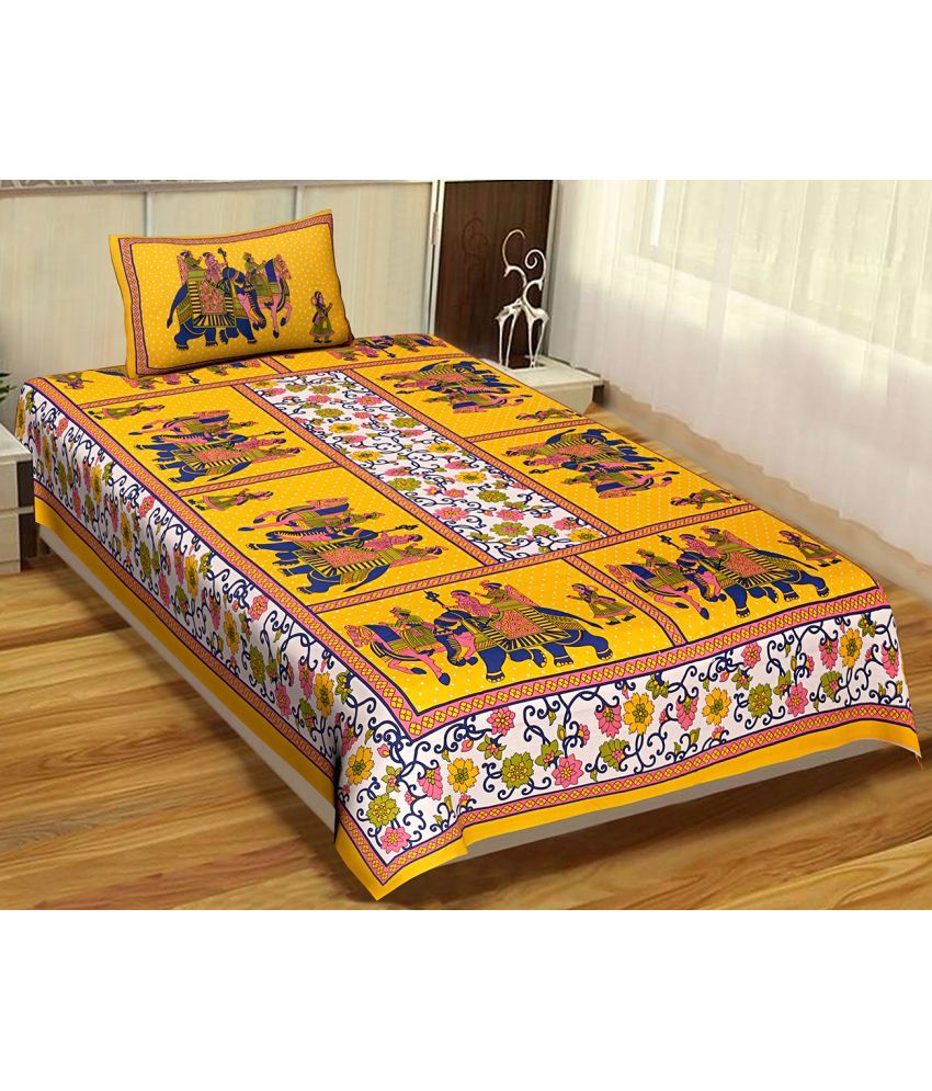     			Uniqchoice Cotton Ethnic Single Size Bedsheet with 1 Pillow Cover - Yellow