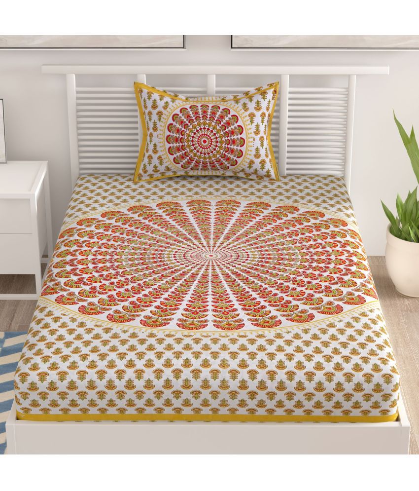     			HOMETALES Cotton Abstract Single Bedsheet with 1 Pillow Cover- Beige
