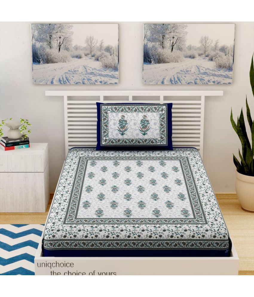     			HOMETALES Cotton Ethnic Single Bedsheet with 1 Pillow Cover- Blue