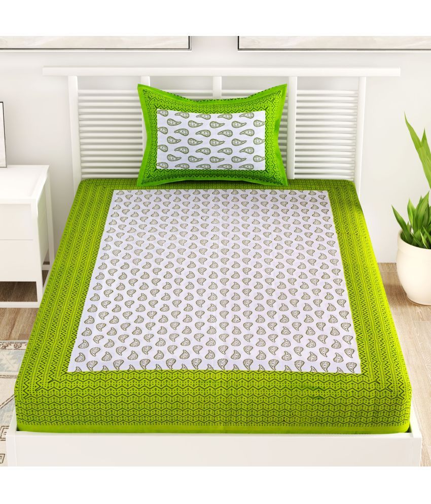     			unique choice Cotton Ethnic Printed Single Bedsheet with 1 Pillow Cover - Green