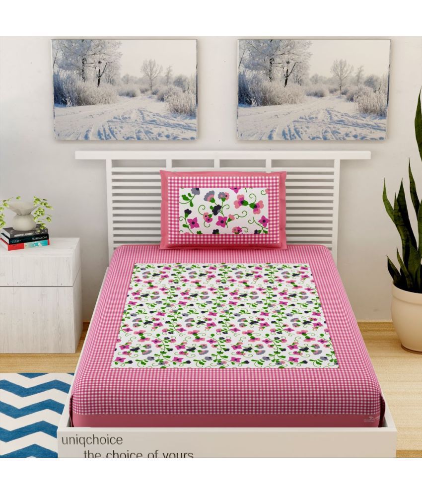     			HOMETALES Cotton Floral Single Bedsheet with Two Pillow Cover - Pink