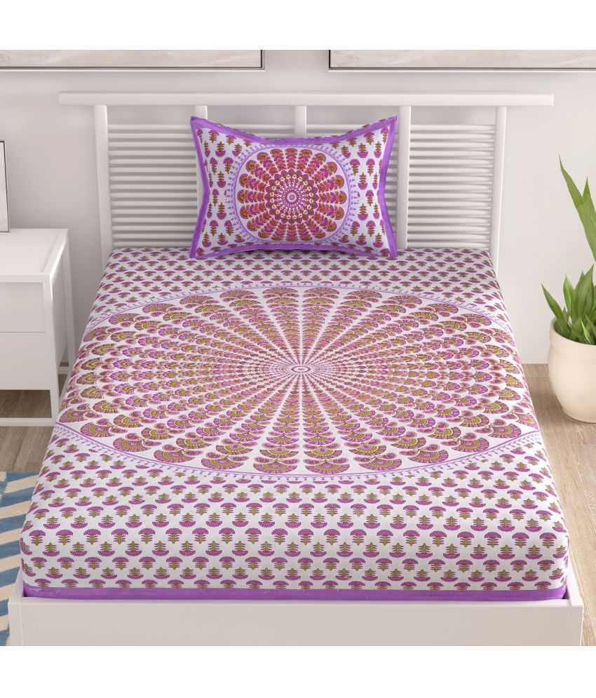     			HOMETALES Cotton Abstract Single Bedsheet with 1 Pillow Cover- Purple