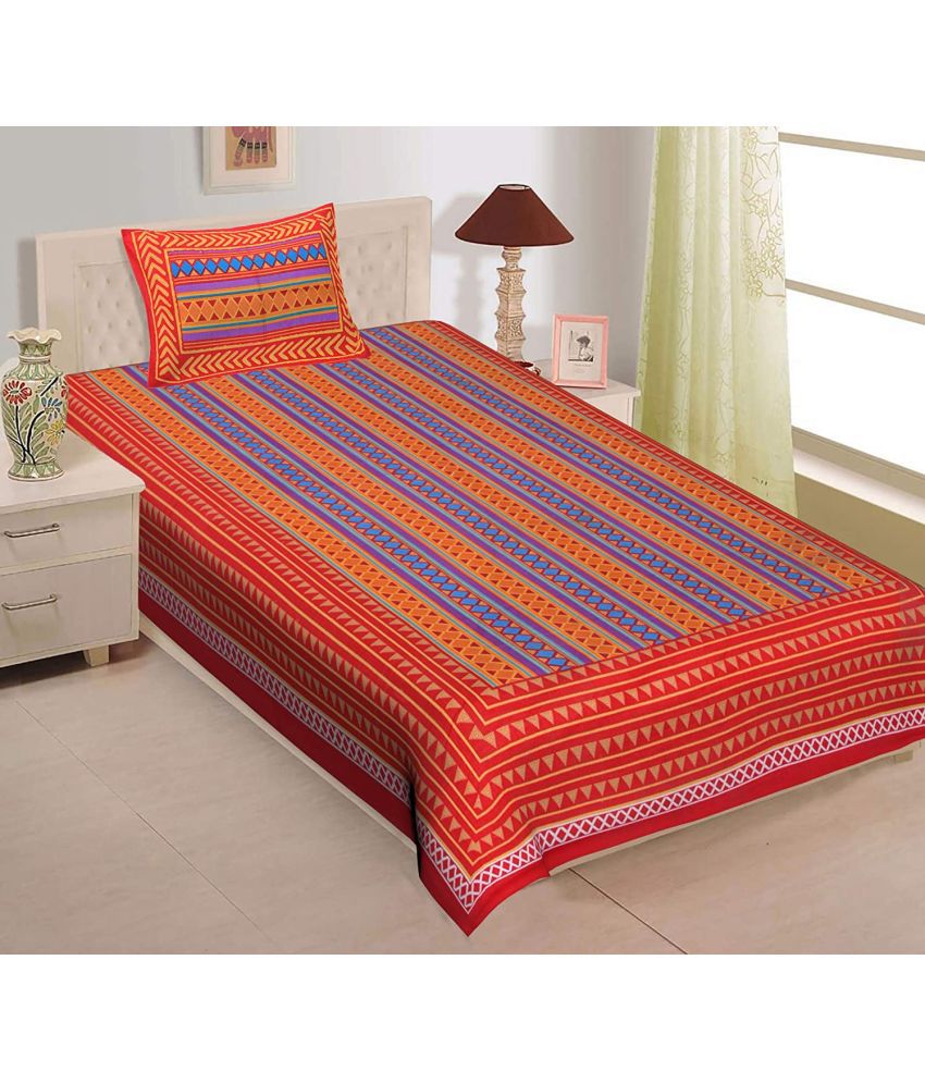     			HOMETALES - Red Cotton Single Bedsheet with 1 Pillow Cover