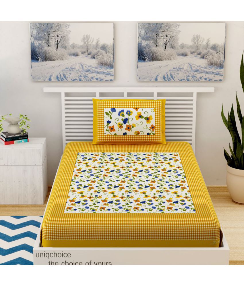     			HOMETALES Cotton Floral Single Bedsheet with Two Pillow Cover - Yellow