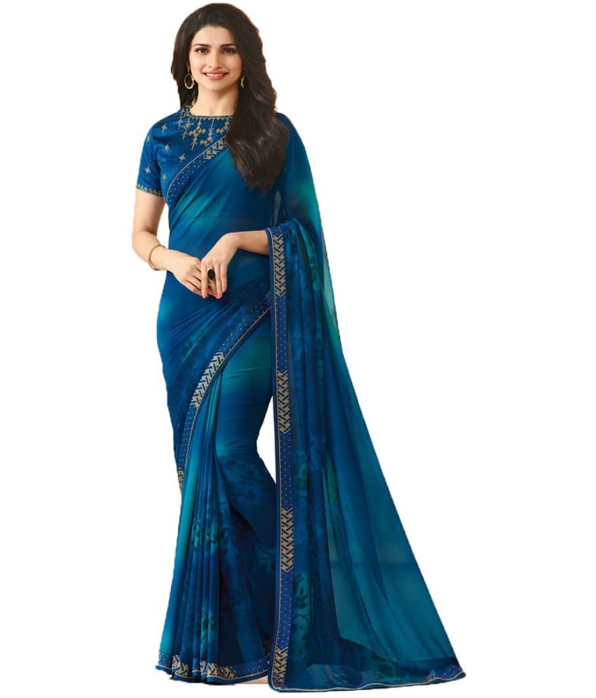     			BLEESBURY - Blue Georgette Saree With Blouse Piece ( Pack of 1 )