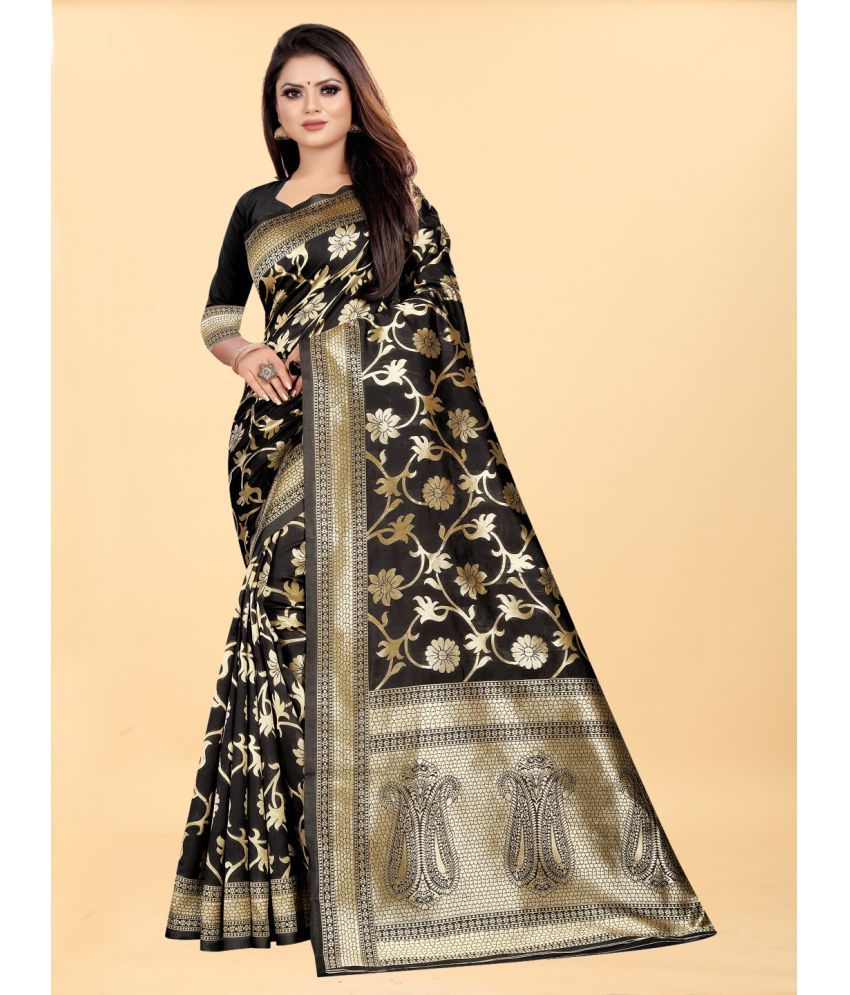     			Gazal Fashions - Black Banarasi Silk Saree With Blouse Piece ( Pack of 1 )