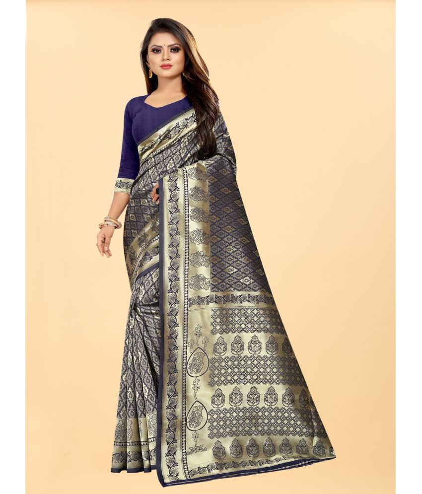     			Gazal Fashions - Navy Blue Banarasi Silk Saree With Blouse Piece ( Pack of 1 )