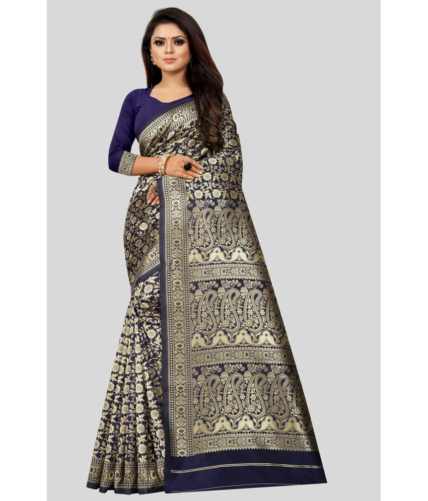     			Gazal Fashions - Navy Blue Banarasi Silk Saree With Blouse Piece ( Pack of 1 )