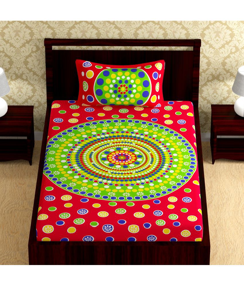 URBAN MAGIC - Red Cotton Single Bedsheet with 1 Pillow Cover