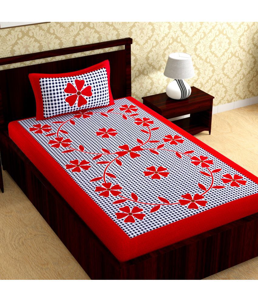     			URBAN MAGIC - Red Cotton Single Bedsheet with 1 Pillow Cover