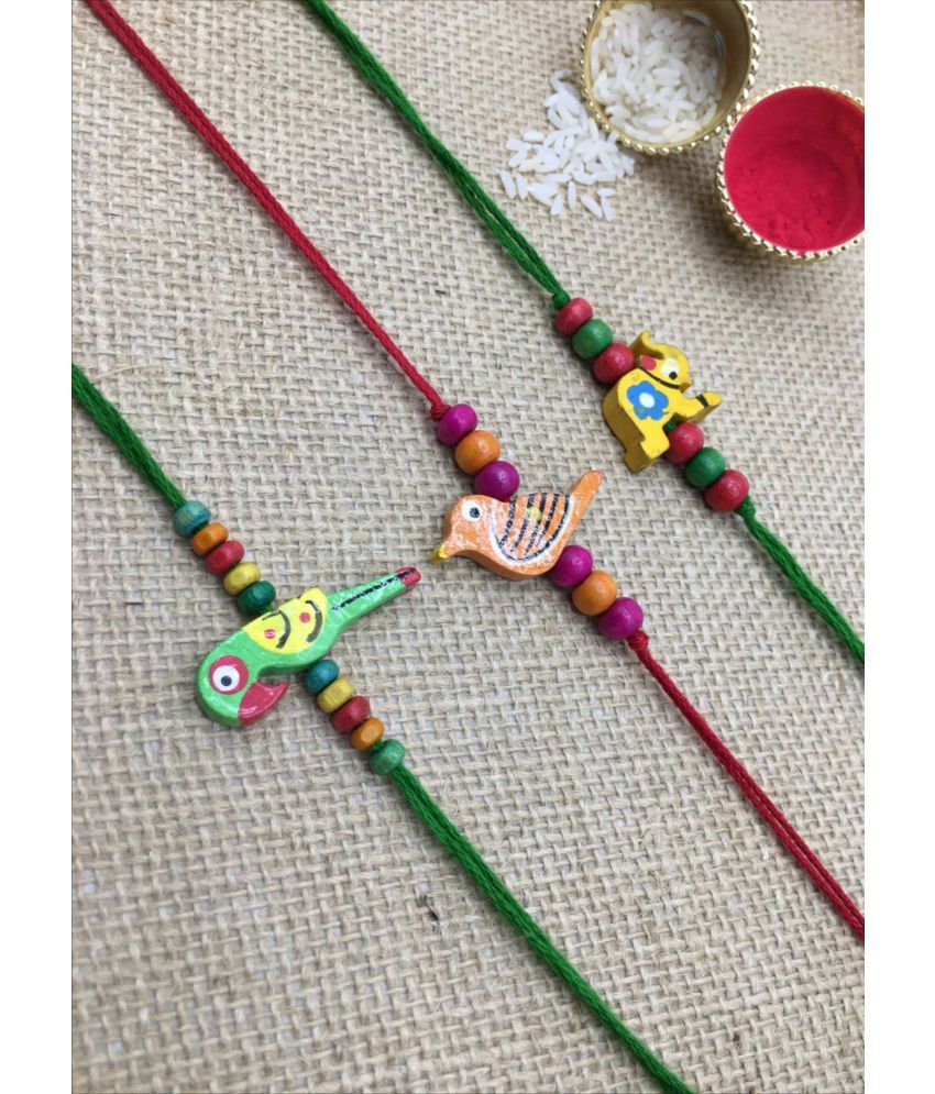     			thriftkart Kids Rakhi Multicolour 3pc set Handmade Wooden Bird Beads Rakhi