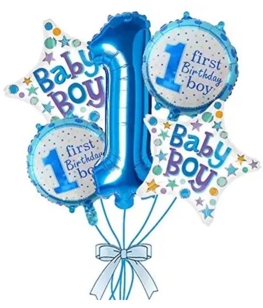     			Kiran Enterprises 1st Birthday Boy Theme Foil Balloon Set- Pack of 5 Blue