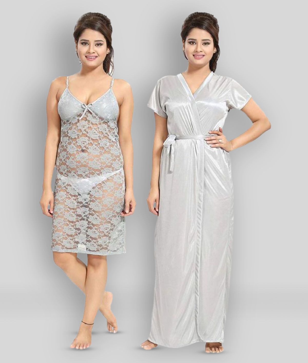 Apratim - Light Grey Satin Women's Nightwear Nighty & Night Gowns