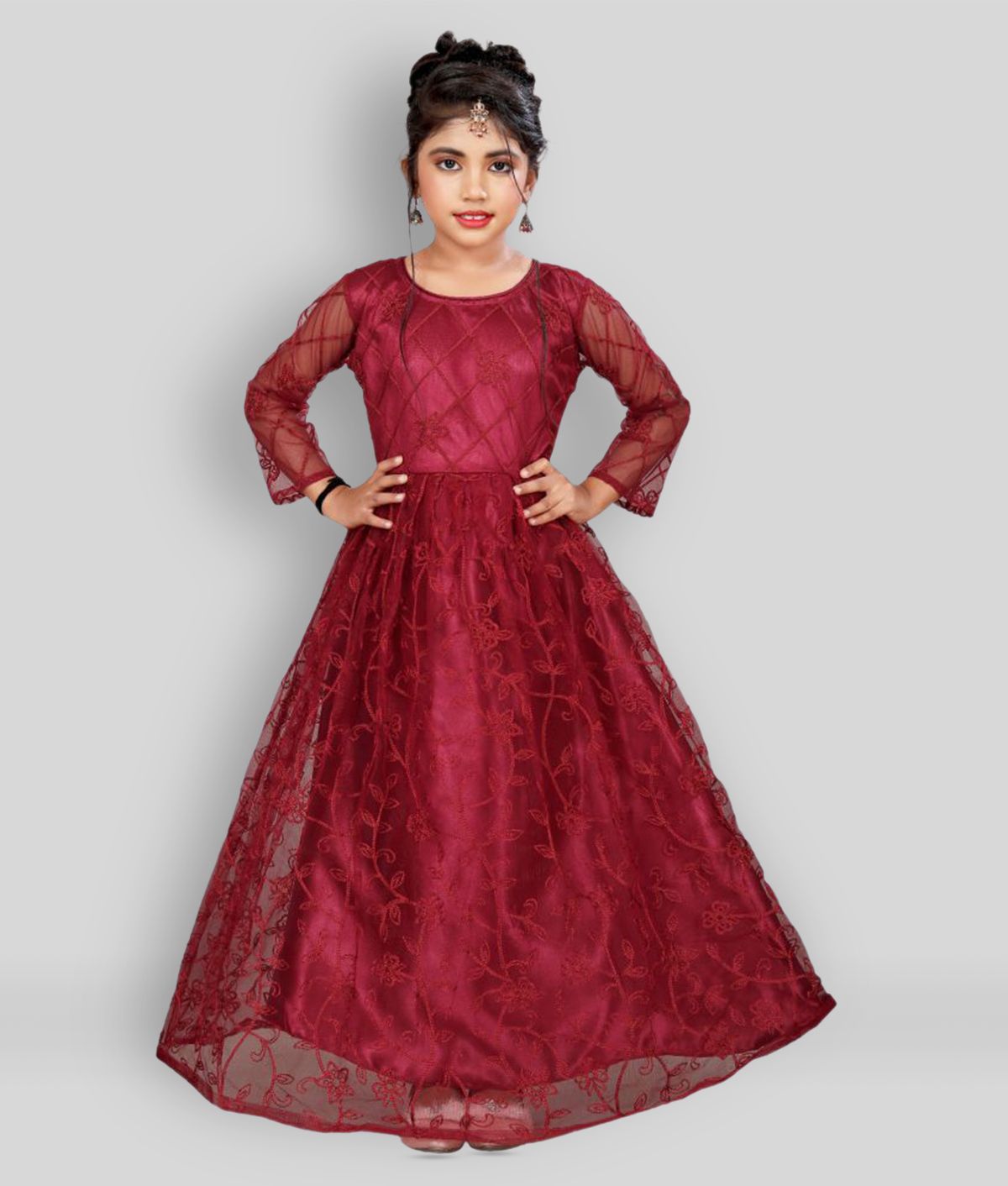     			JULEE - Maroon Net Girls Gown ( Pack of 1 )