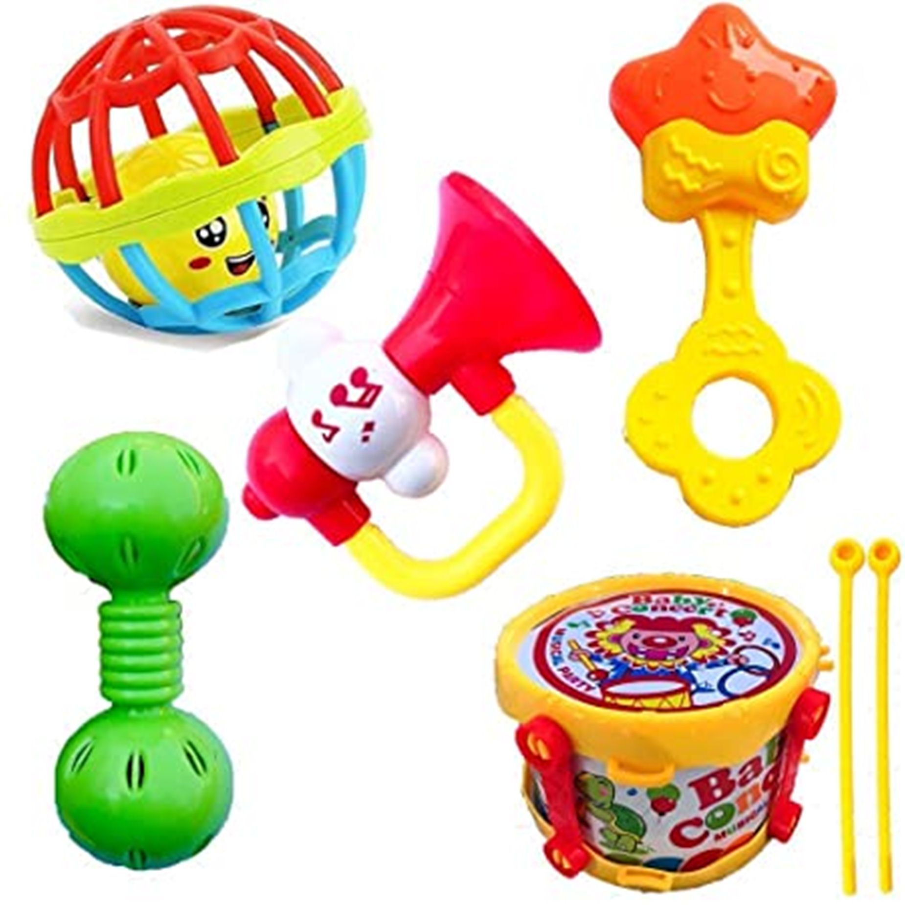 thriftkart Colorful Baby Rattle Tiys Set Toddlers for Infants Teether Drum Set Rattle Toys (Set of 5, Multicolor)