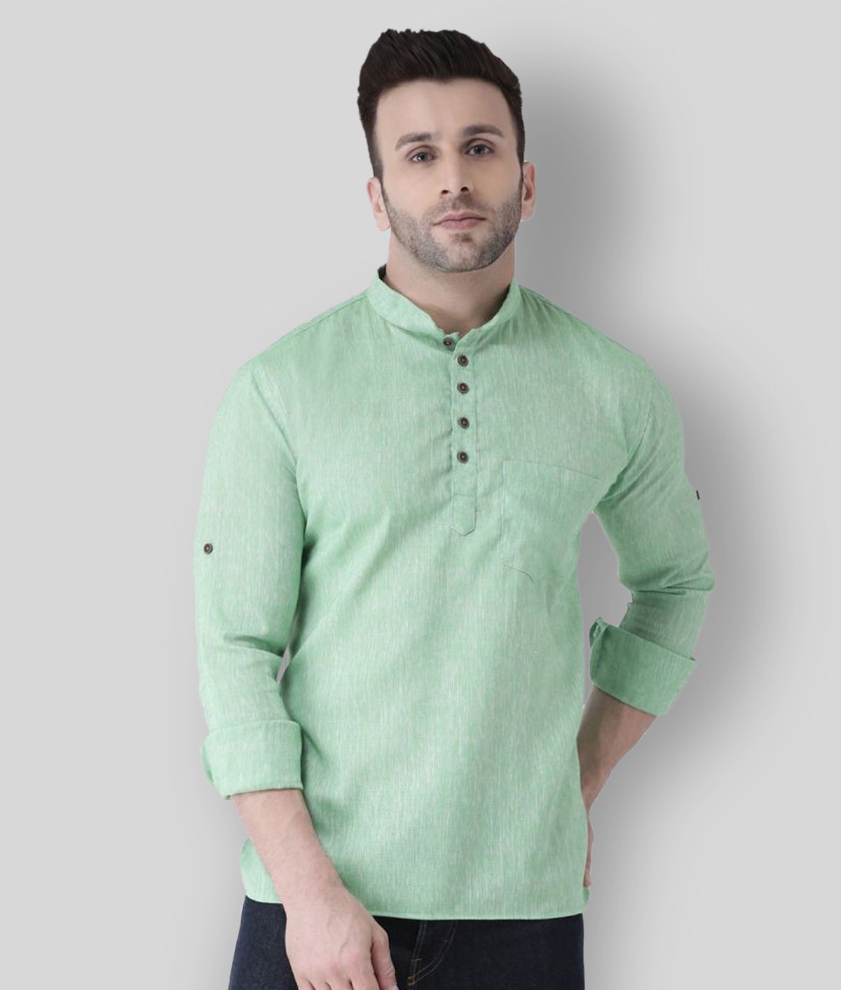     			Hangup - Green Linen Men's Shirt Style Kurta ( Pack of 1 )