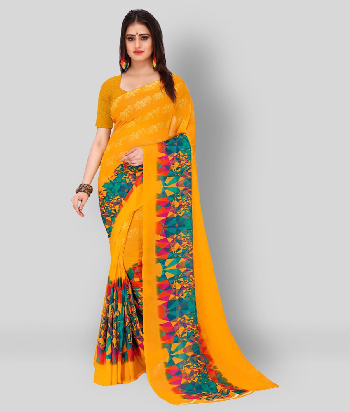     			ANAND SAREES - Yellow Georgette Saree With Blouse Piece (Pack of 1)