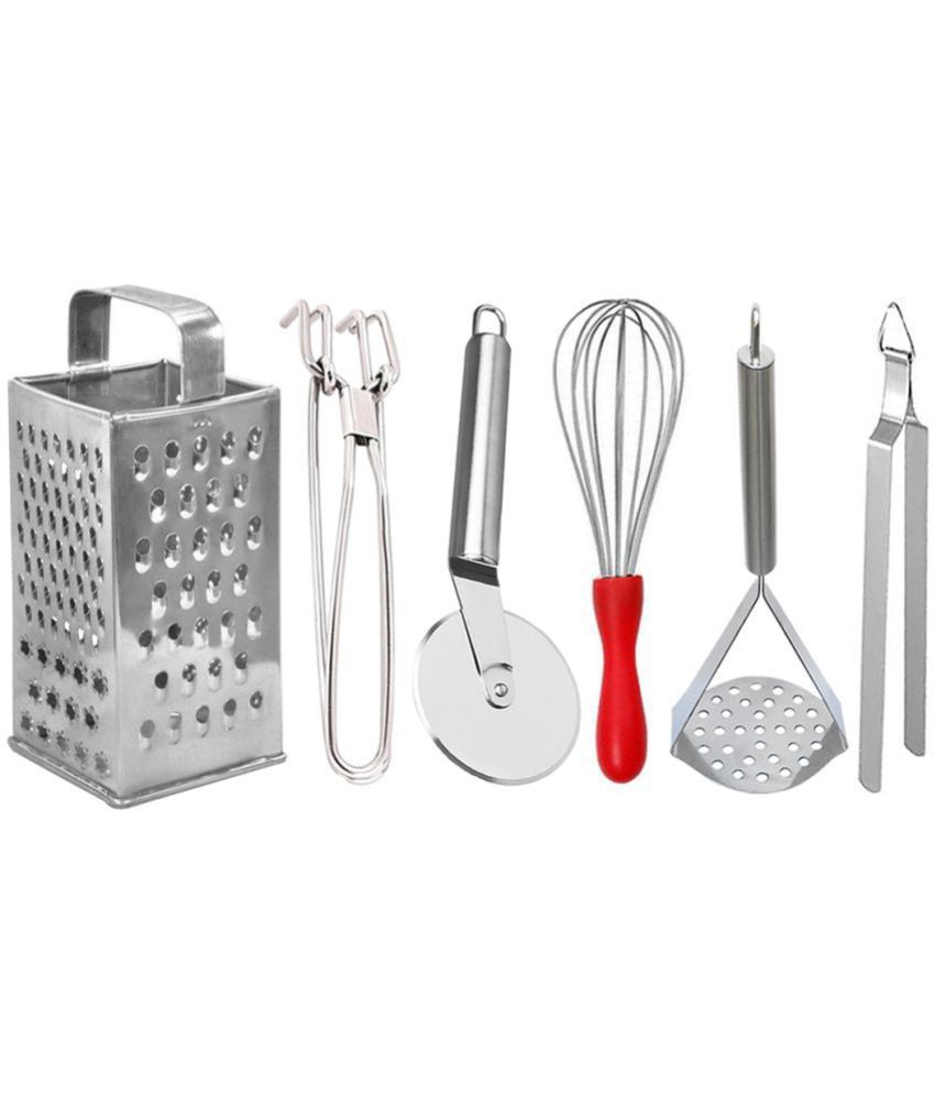     			JISUN - Silver Stainless Steel Grater+Pakkad+Pizza Cutter+Whisk+Chimta+Masher ( Pack 6 )