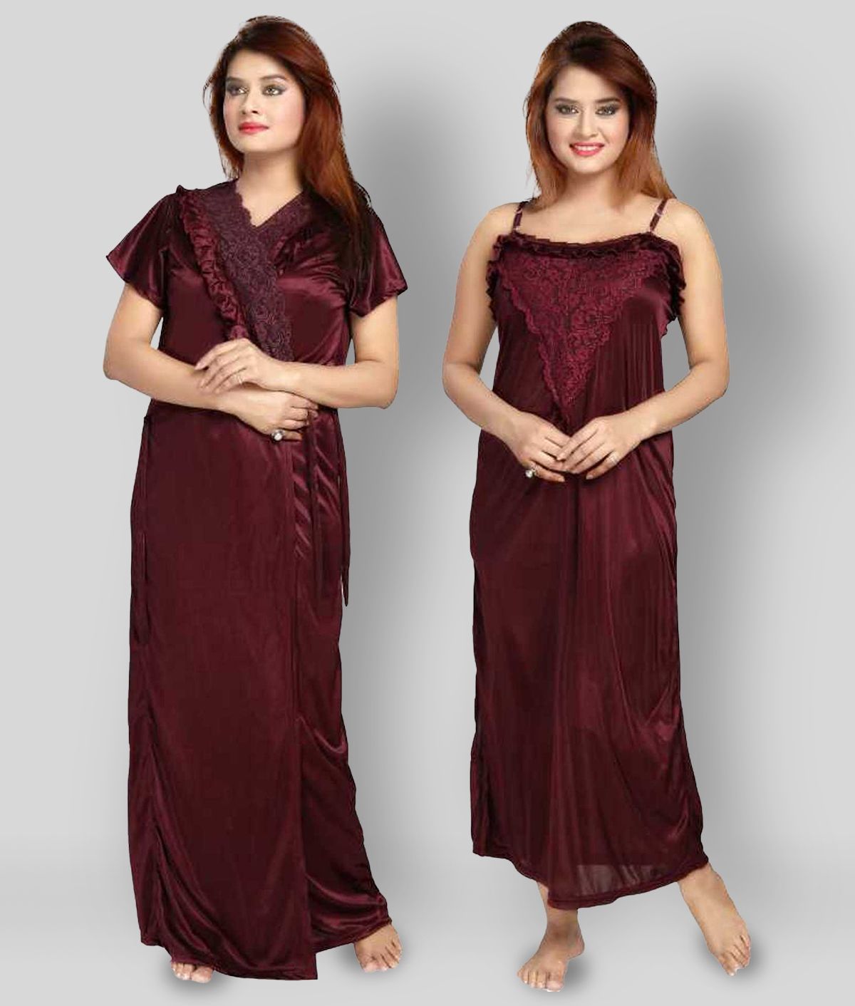     			Gangomi - Maroon Satin Women's Nightwear Nighty & Night Gowns