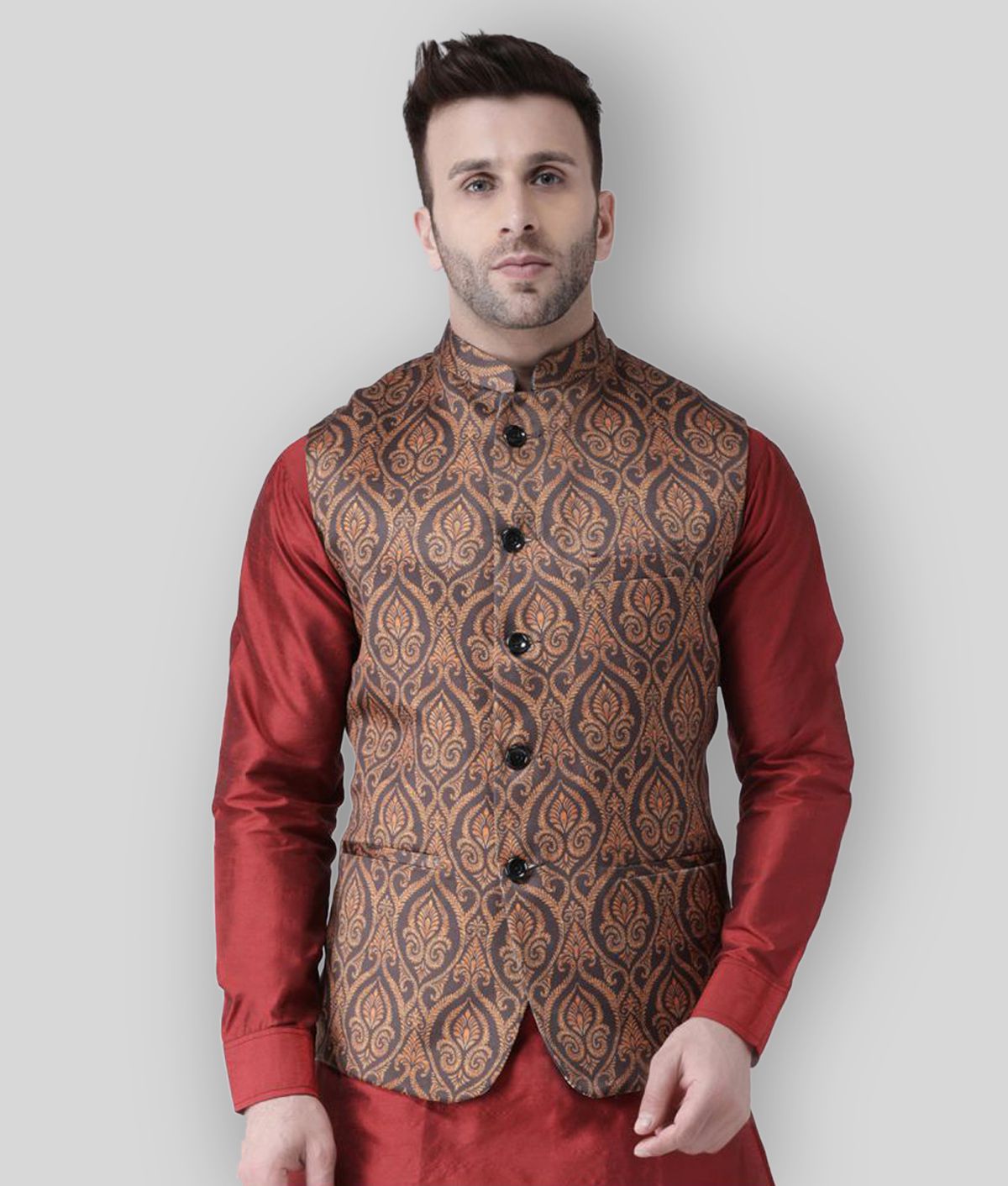     			Hangup Brown Cotton Blend Nehru Jacket