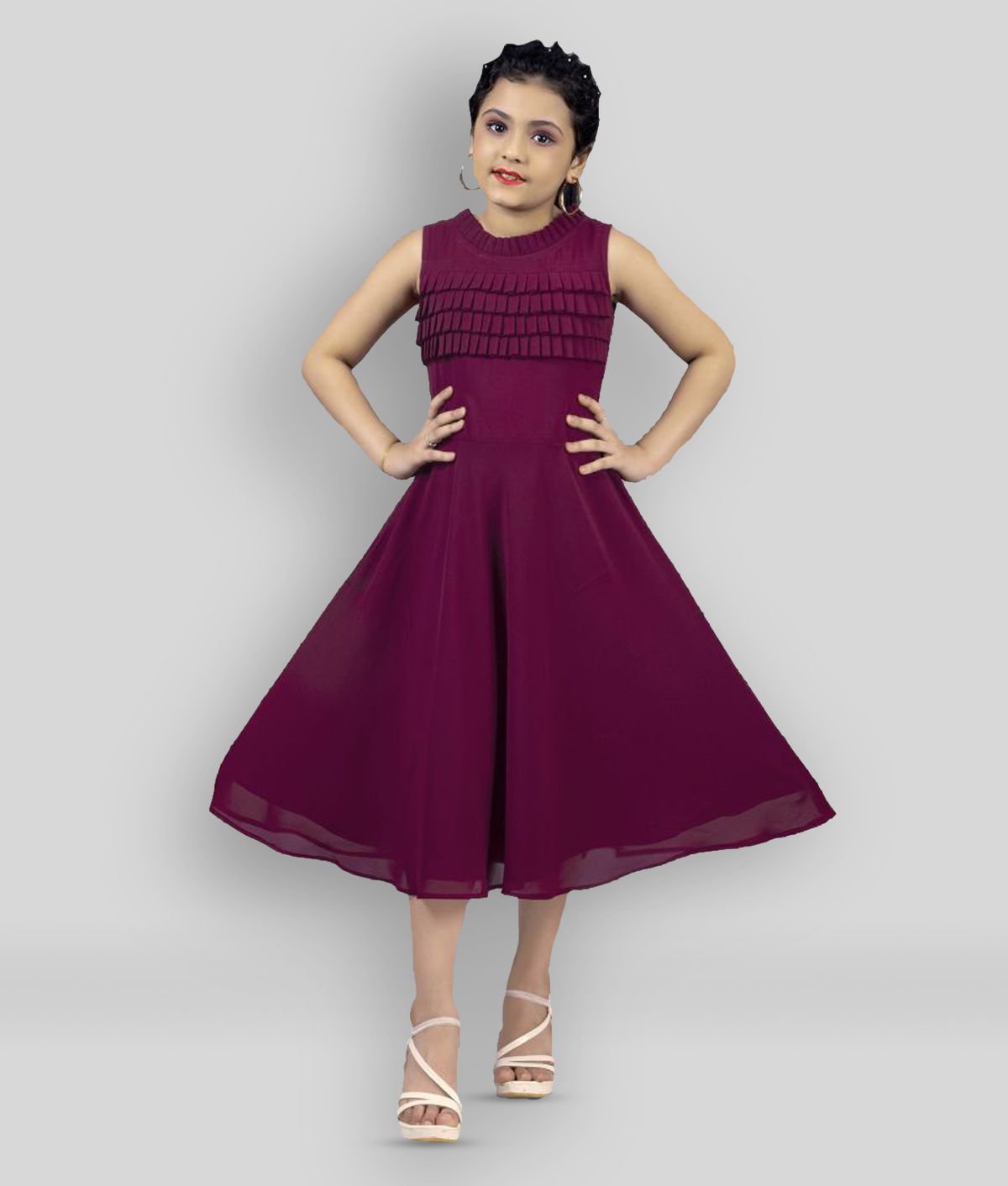     			MIRROW TRADE - Wine Georgette Girls Fit And Flare Dress ( Pack of 1 )