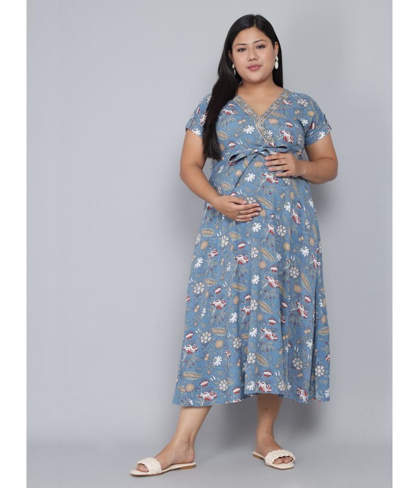 INDIKOZ - Blue Rayon Women's Maternity Dress ( Pack of 1 )