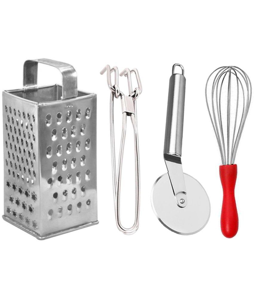     			JISUN - Silver Stainless Steel Big Grater+Pakkad+Pizza Cutter+Whisk ( Pack 4 )