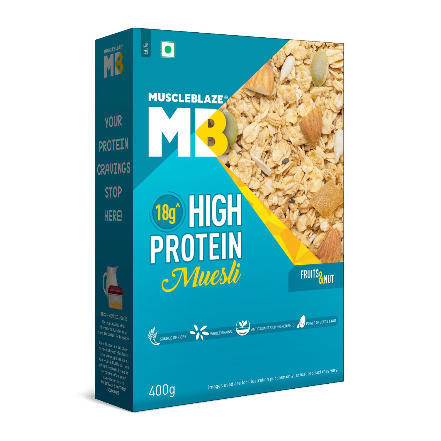 MuscleBlaze High Protein Muesli, Fruits & Nut, 18 g Protein, Healthy Snack with Superseeds, 400 g