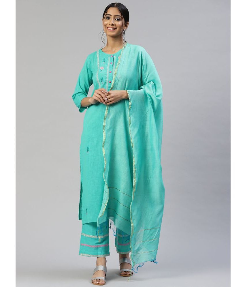     			SVARCHI - Turquoise Straight Cotton Women's Stitched Salwar Suit ( Pack of 1 )