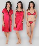 Fasense - Pink Satin Women's Nightwear Nightsuit Sets ( Pack of 4 )