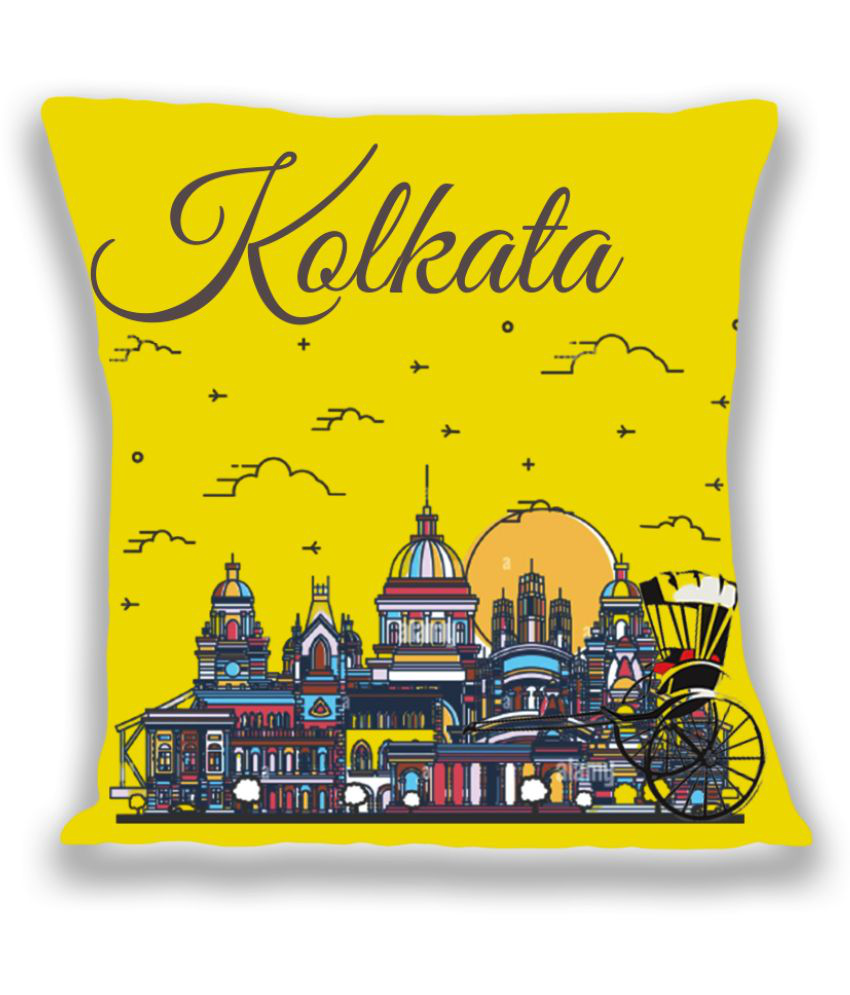 HOMETALES - Kolkata City Printed Gifting Cushion With Filler- Yellow (12X12 Inch)
