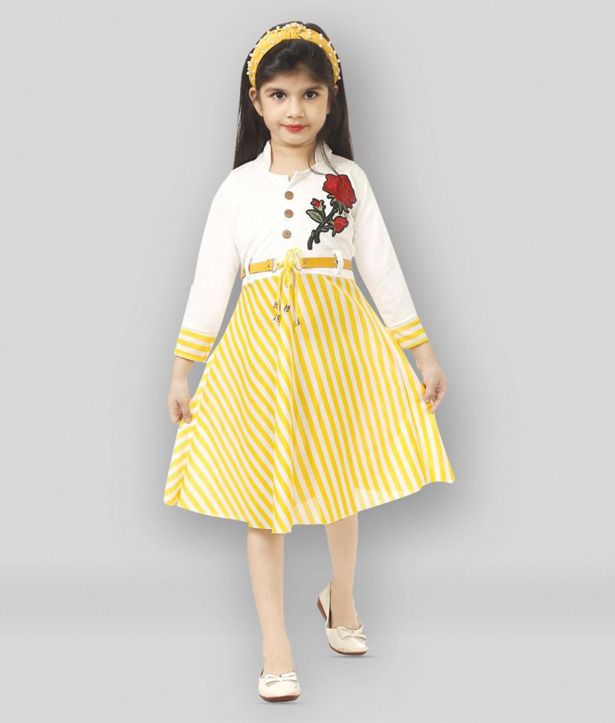     			JCT DRESSES - Yellow & White Cotton Blend Girl's A-line Dress ( Pack of 1 )