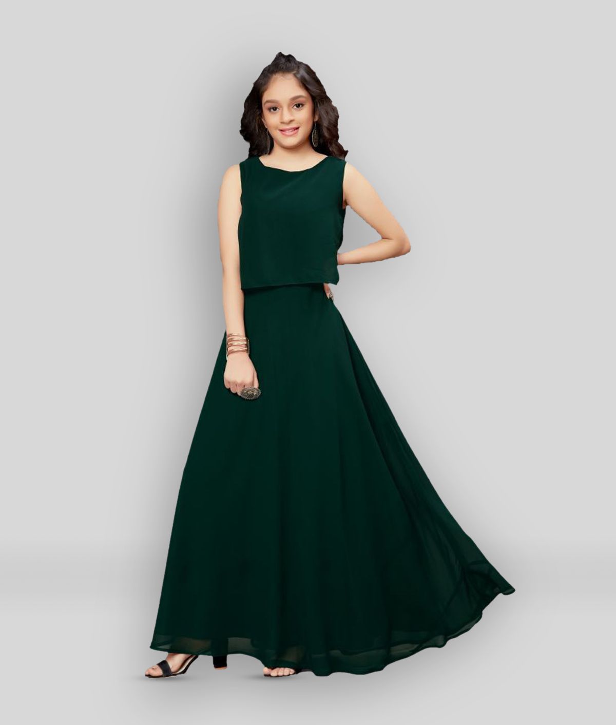 MIRROW TRADE - Green Georgette Girl's A-line Dress ( Pack of 1 )