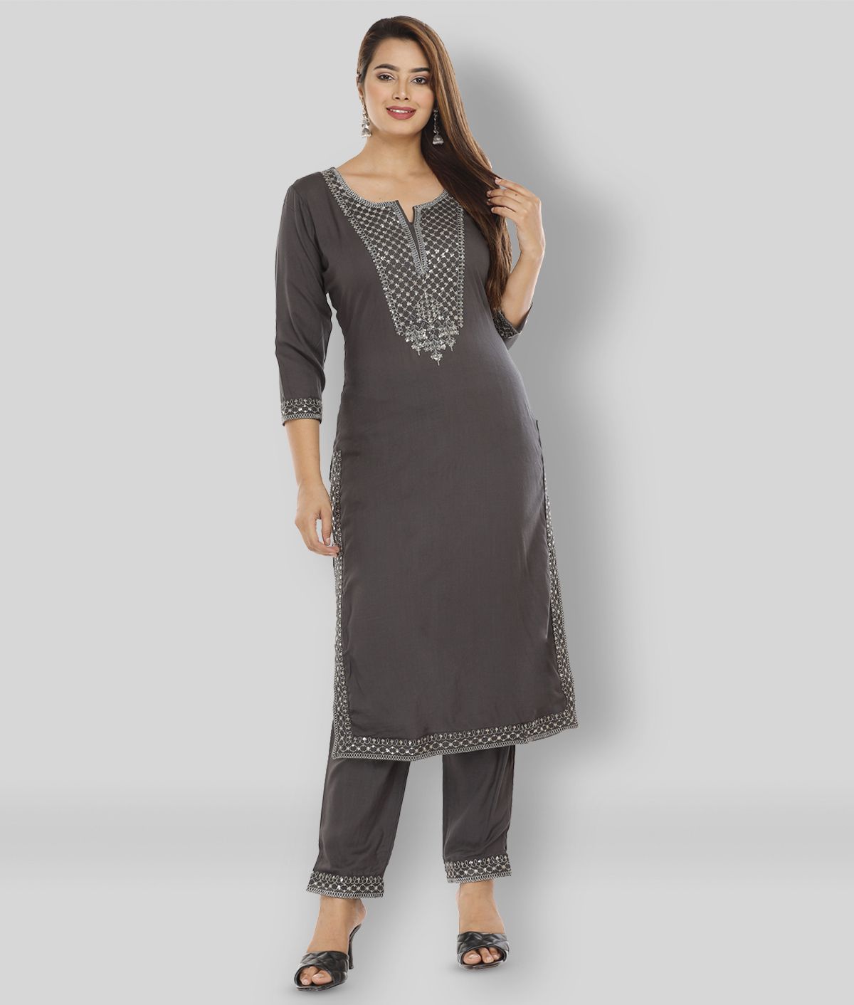     			JC4U - Grey Melange Straight Rayon Women's Stitched Salwar Suit ( Pack of 1 )