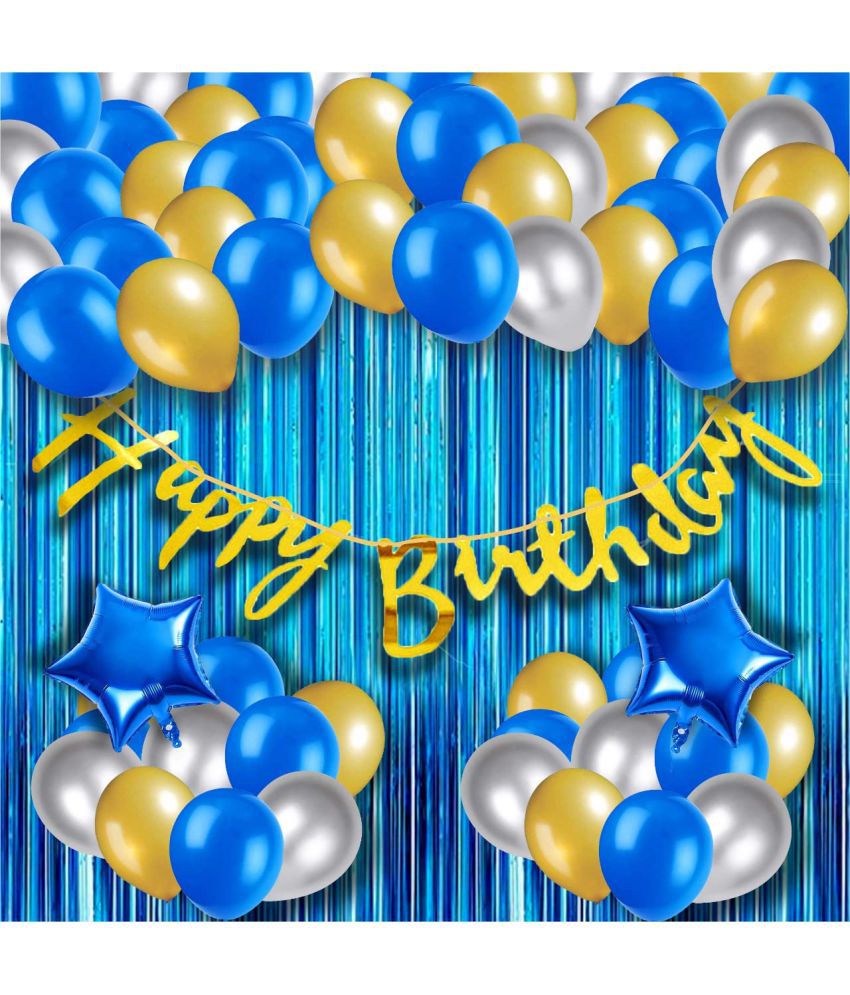    			Kiran Enterprises Cursive  Happy Birthday Banner ( Golden ) +2 Foil Star ( Blue ) + 2 Fringe Curtain ( Blue ) +30 Metallic Balloon ( Blue, Gold )