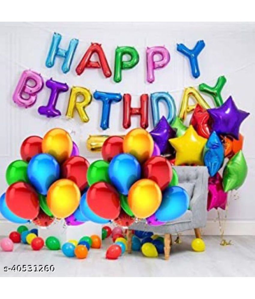     			Kiran Enterprises Happy Birthday Foil Letter Balloon ( Plain Multi ) + 5 Foil Star ( Multi ) + 30 Metallic Balloon ( Multi )