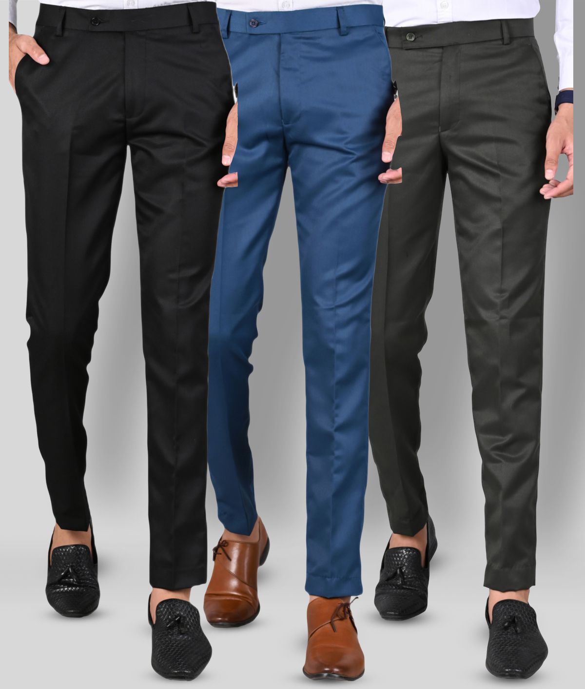     			MANCREW - Dark Green Polycotton Slim - Fit Men's Formal Pants ( Pack of 3 )