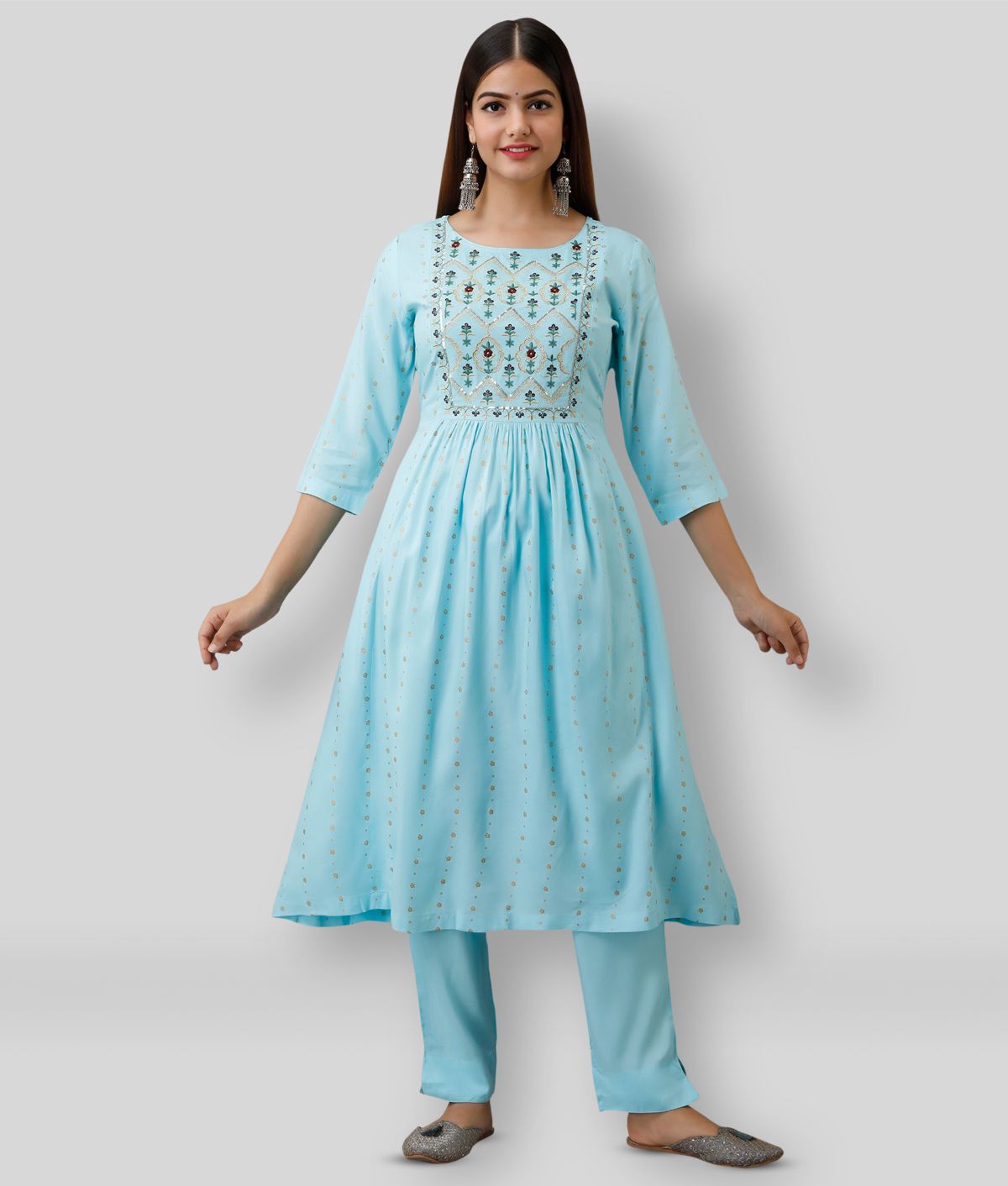     			Frionkandy - Light Blue Frock Style Rayon Women's Stitched Salwar Suit ( Pack of 1 )