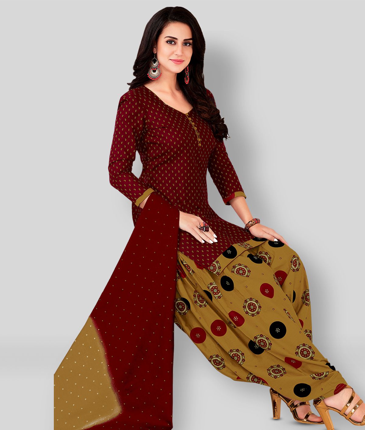     			shree jeenmata collection - Maroon Straight Cotton Women's Stitched Salwar Suit ( Pack of 1 )