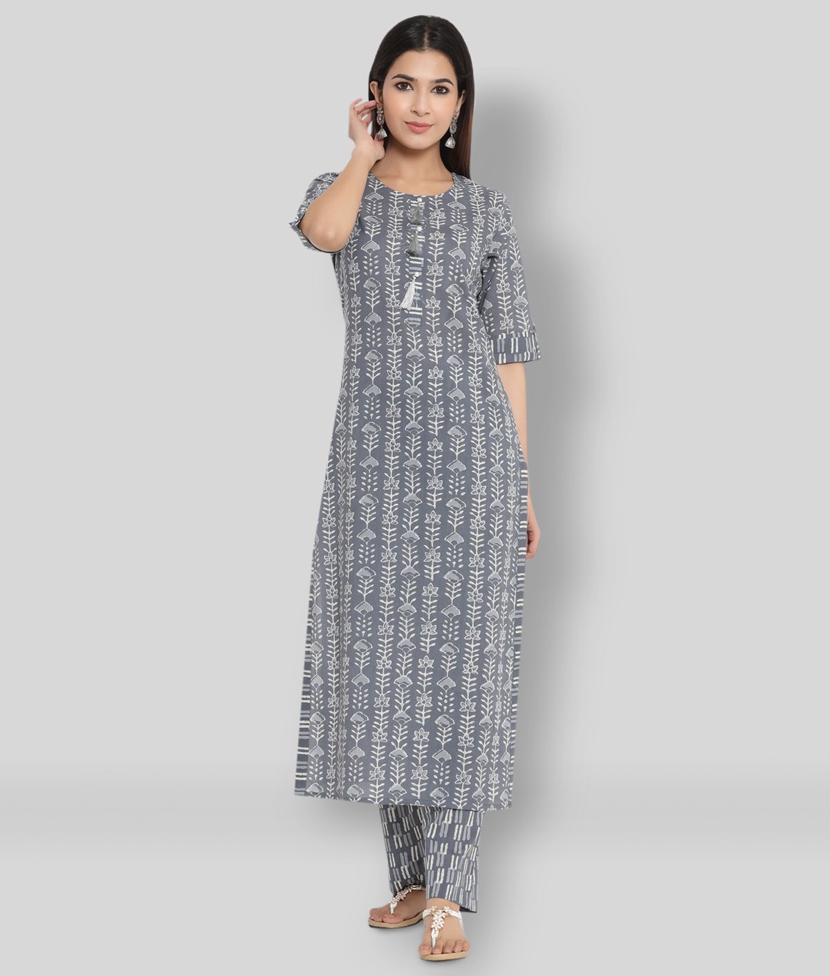     			KIPEK - Light Grey Straight Cotton Women's Stitched Salwar Suit ( Pack of 1 )