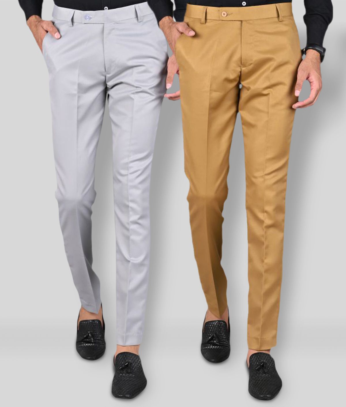 MANCREW - Khaki Polycotton Slim - Fit Men's Formal Pants ( Pack of 2 )