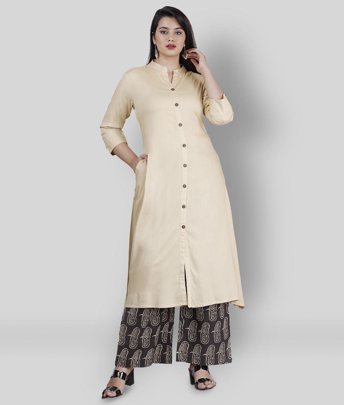     			MAUKA - Beige Front Slit Rayon Women's Stitched Salwar Suit ( Pack of 1 )