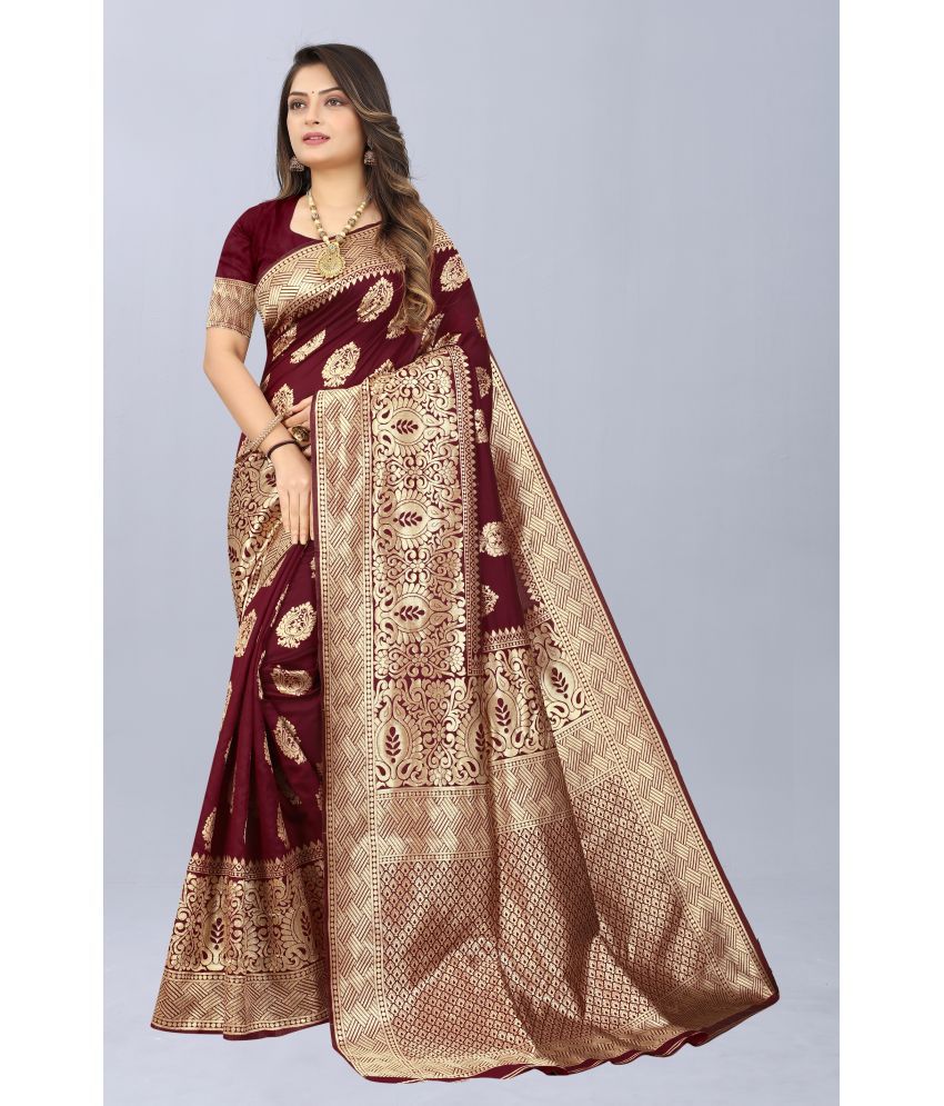 NENCY FASHION - Maroon Banarasi Silk Saree With Blouse Piece ( Pack of 1 )