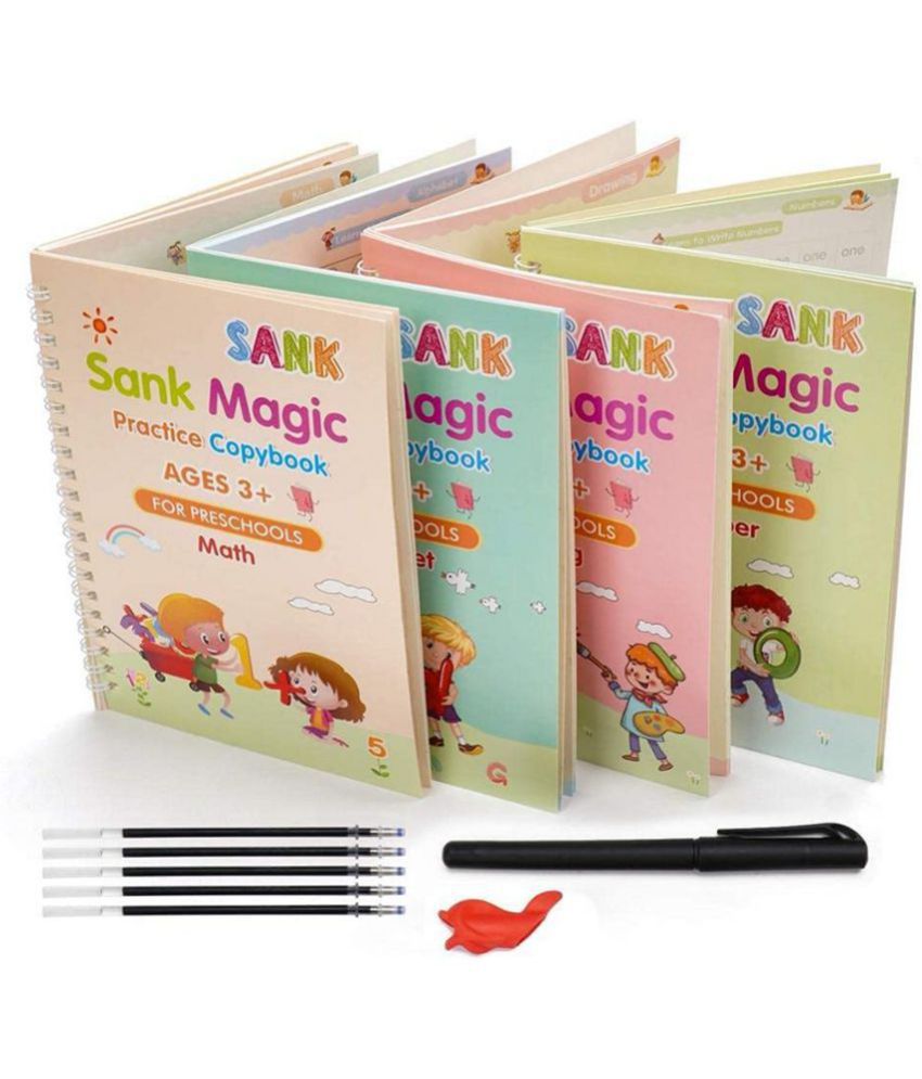     			Sank Magic Practice Copybook, Number Tracing Book for Preschoolers with Pen, Magic Calligraphy Copybook Set Practical Reusable Writing Tool Simple Hand Lettering (4 Books + 5 Refill)