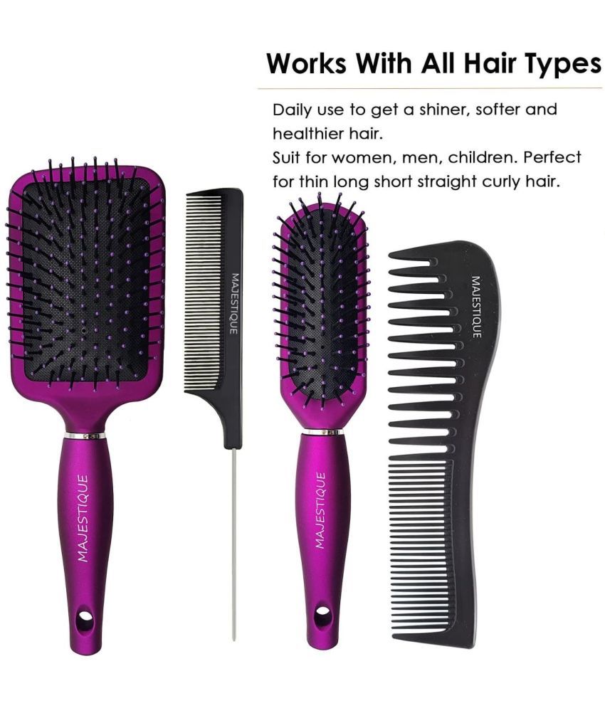     			Majestique 4Pcs Hair Brush Set Paddle, Styling, Tail Comb & Wide Tooth Comb For Women & Men